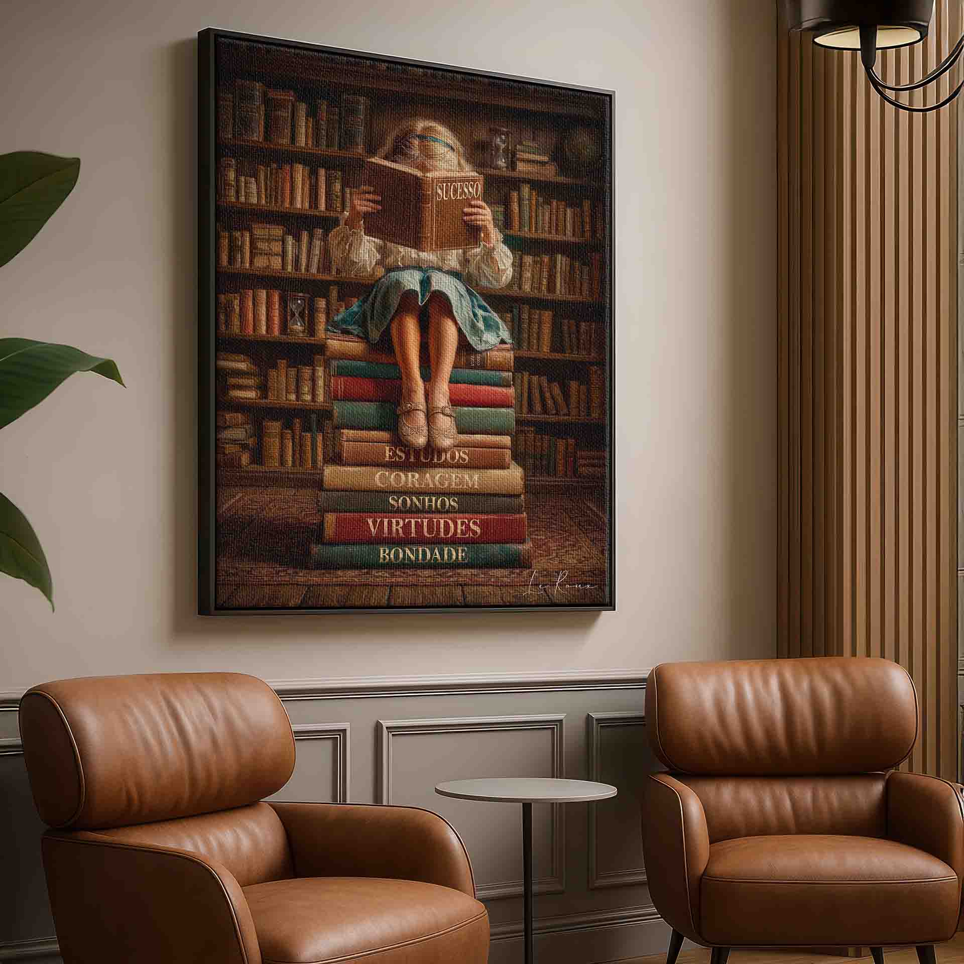 Inspiration from knowledge: a child immersed in reading in a study-like library.