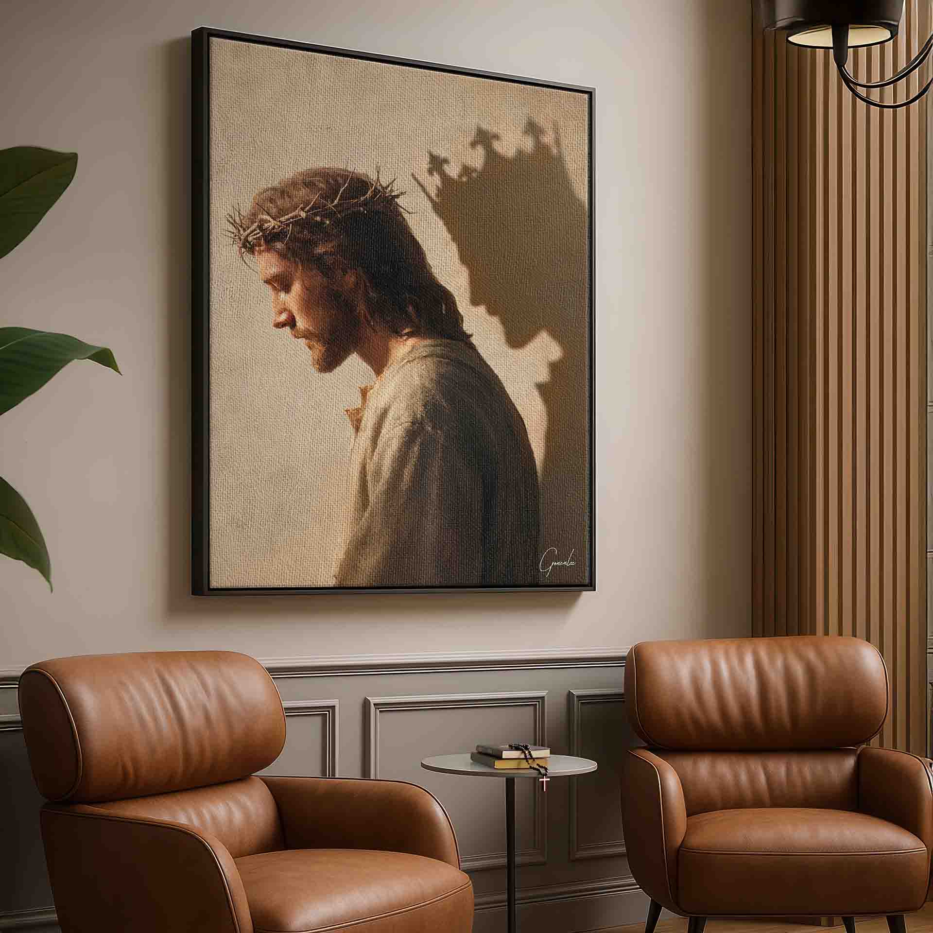 Traditional religious painting of Jesus in a solemn wall display.