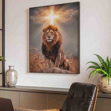 Golden-toned lion artwork with cross over a soft gray sky