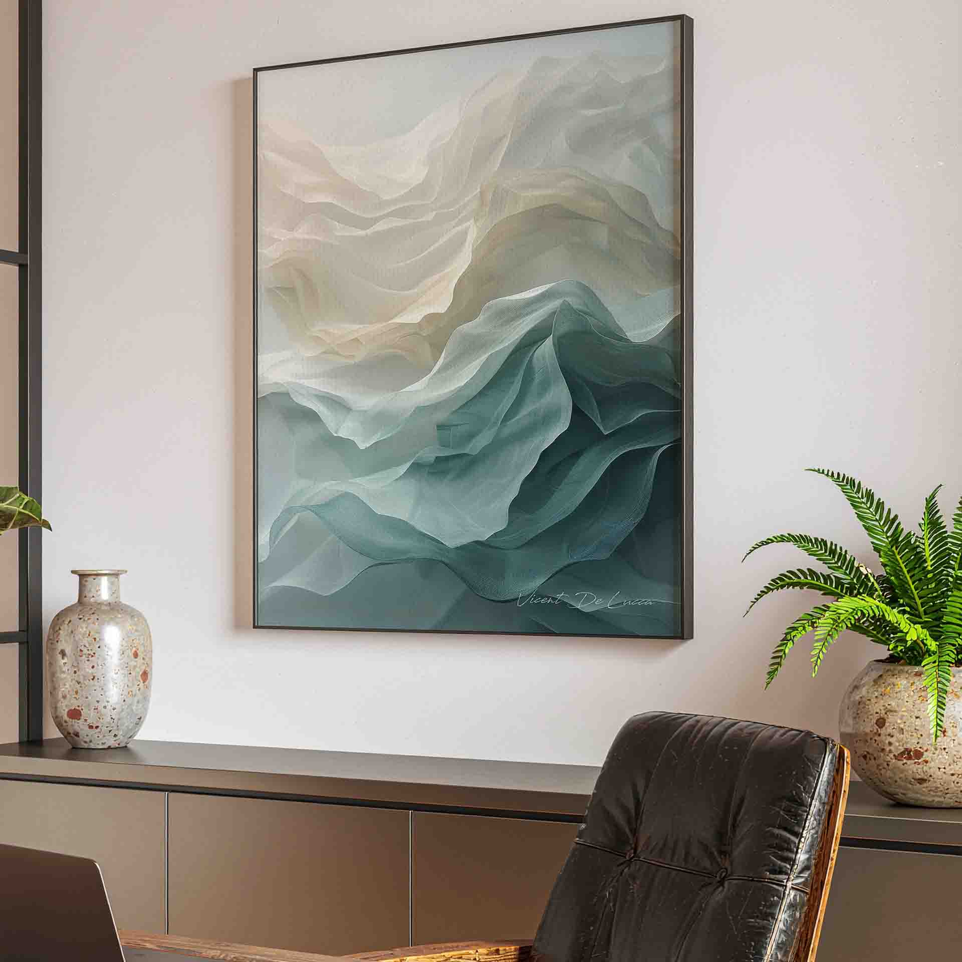 Modern Scandinavian or coastal-inspired interior with this abstract wall art