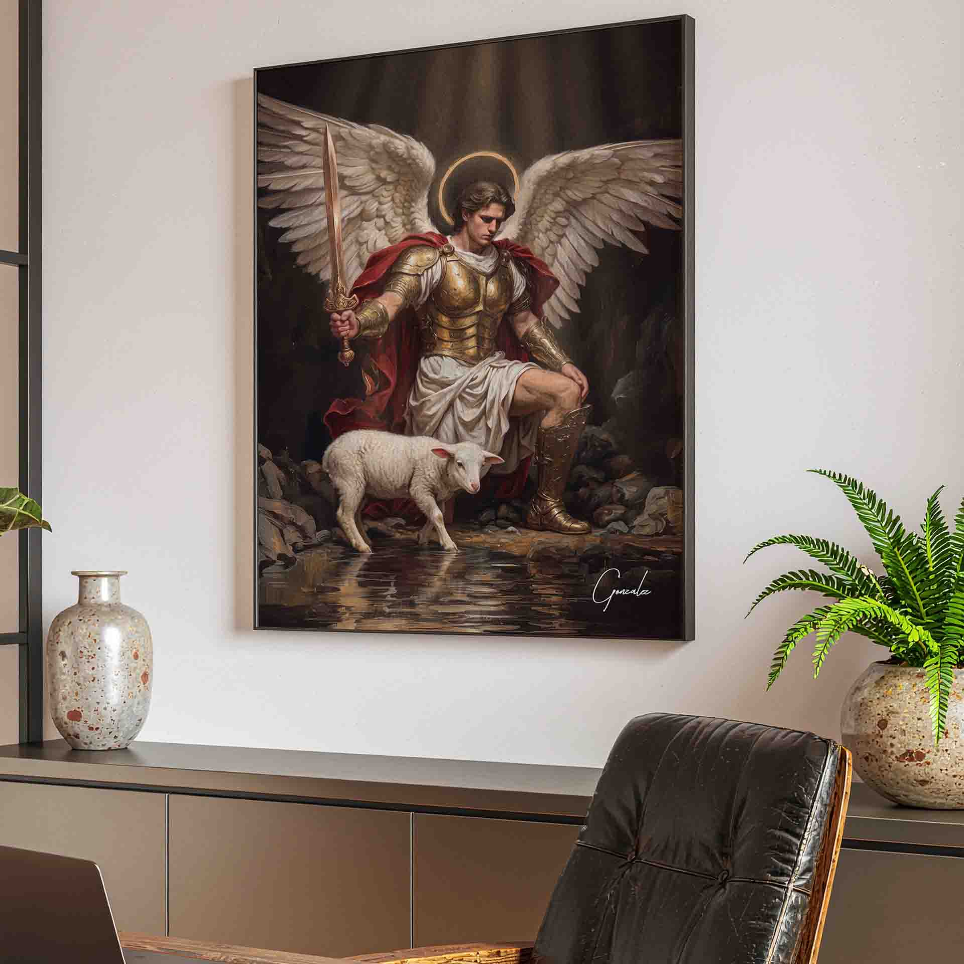 Religious artwork suitable for living rooms or studies with an archangel and lamb motif.