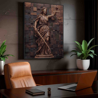Wooden wall art with warm brown tones and subtle gold accents on the blindfold and scales
