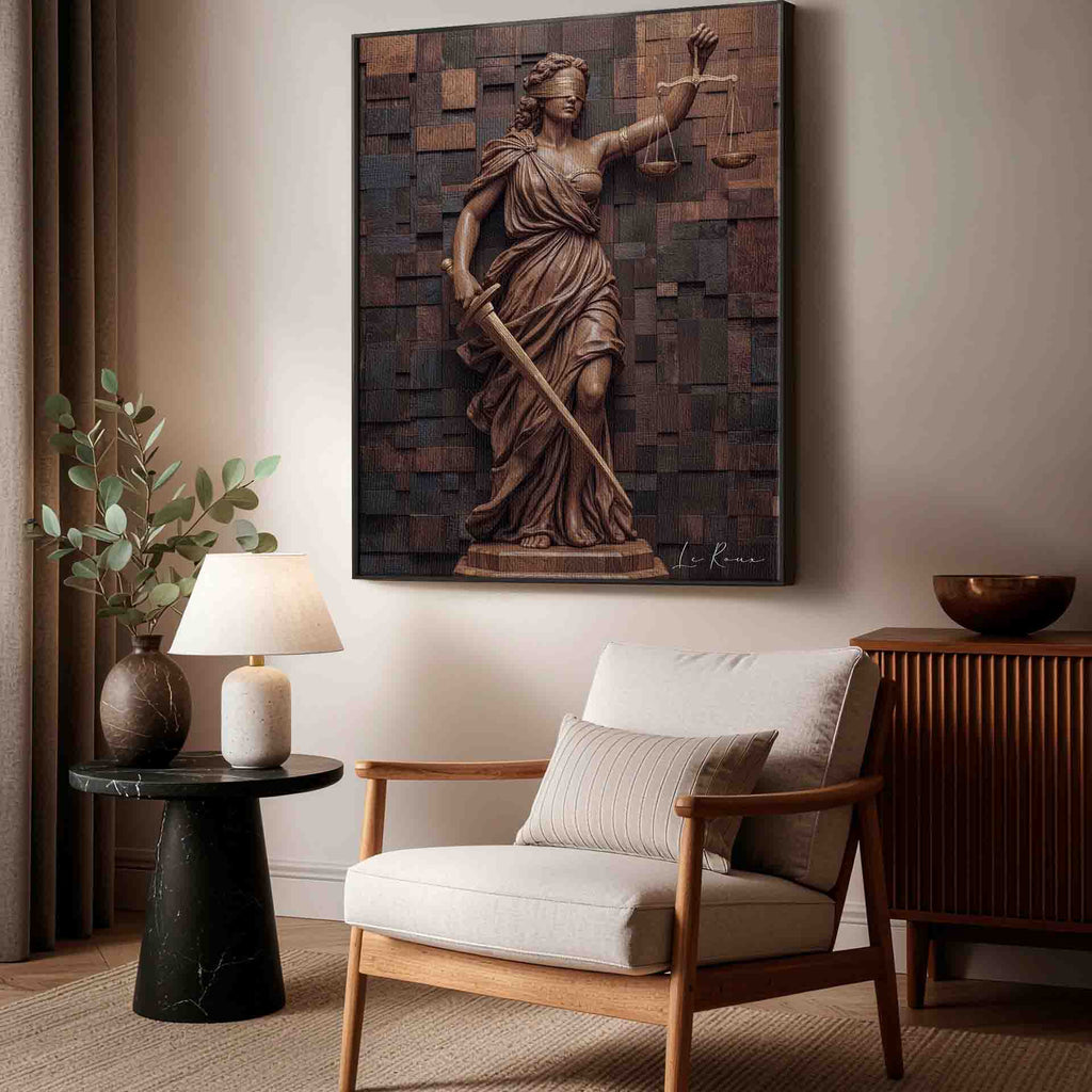 Elegant office or study wall sculpture featuring a female justice motif
