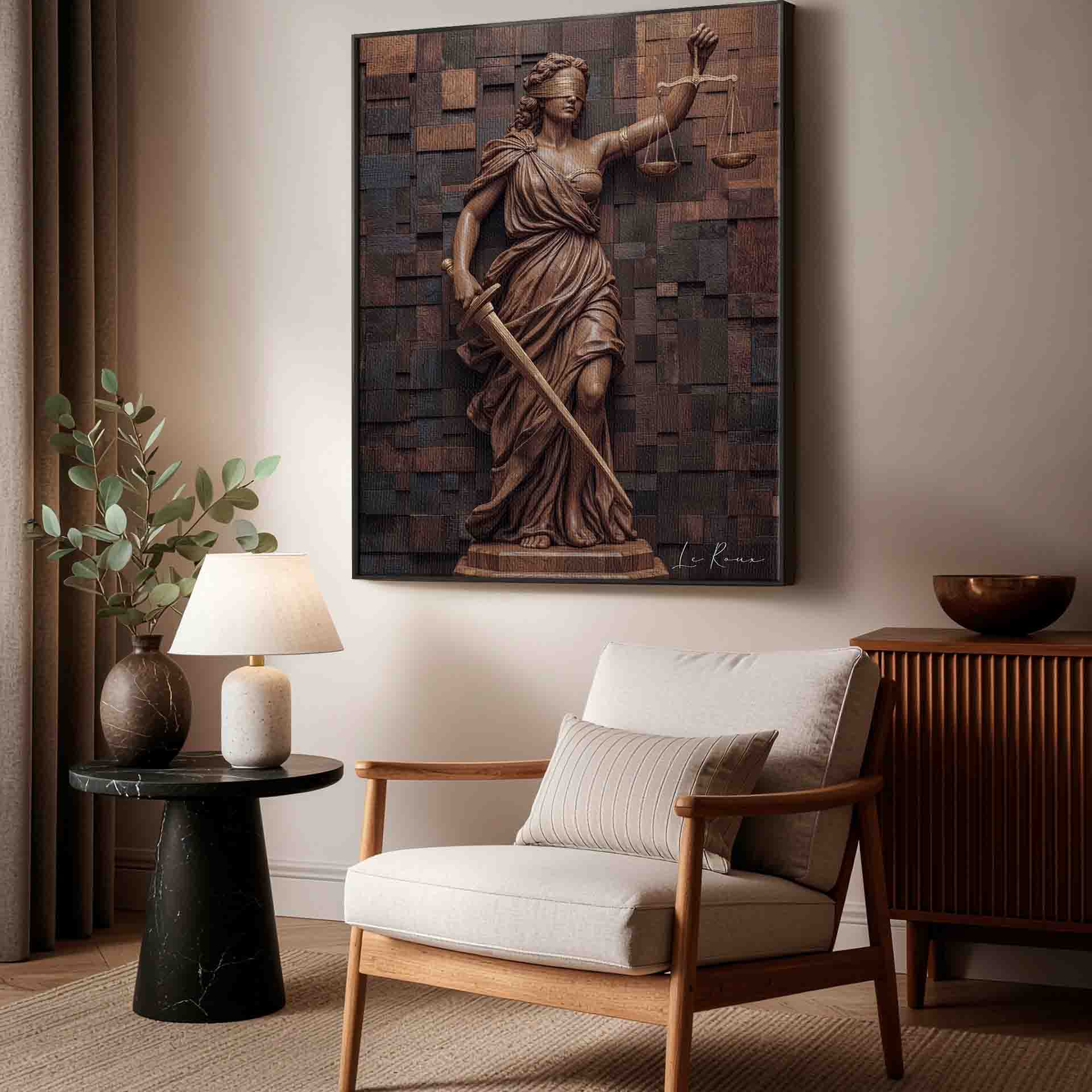 Elegant office or study wall sculpture featuring a female justice motif