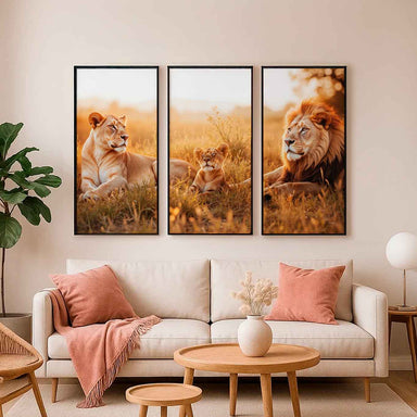 Harmonious three-panel lion family wall art for home decor.