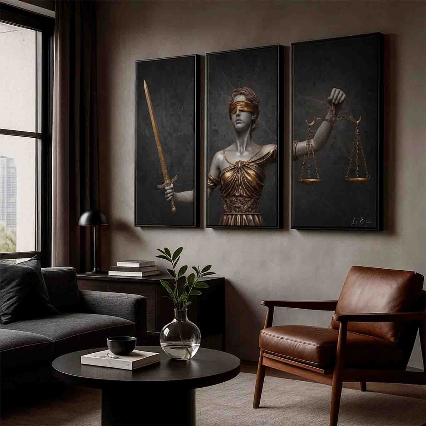 Close-up of the bronze-toned torso of Lady Justice in the center panel of The Justice in Bronze triptych.