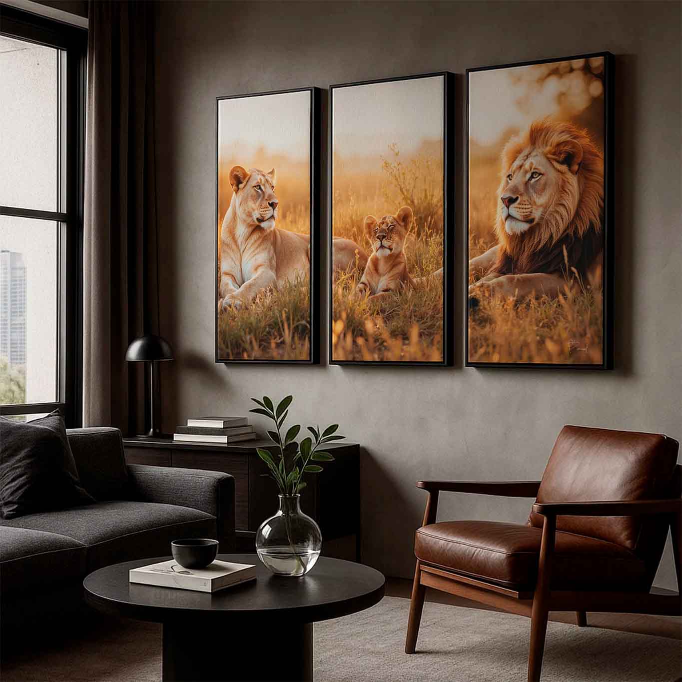 Overall triptych of tranquil wildlife on a savanna in sunrise tones.