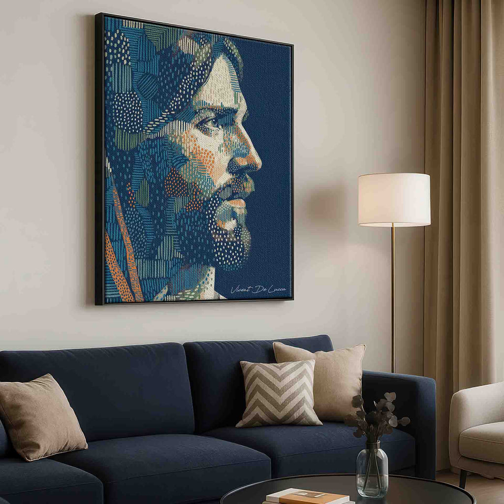 Modern graphic interpretation of Christ with dot-based texture and teal highlights.