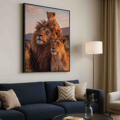 High-detail canvas-style wall art of the lion family ready to elevate interior spaces