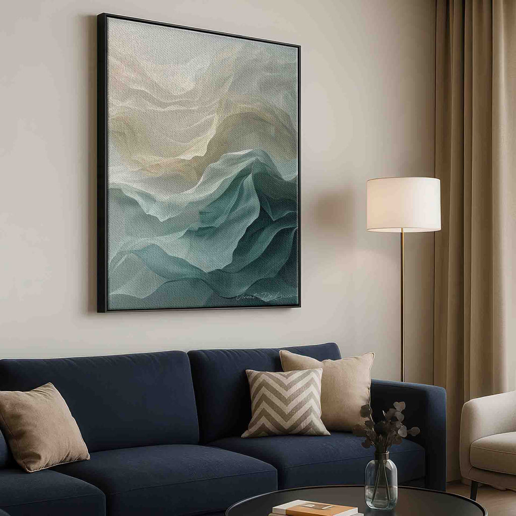 Soft cream and off-white to mint green and teal color palette in abstract wall art