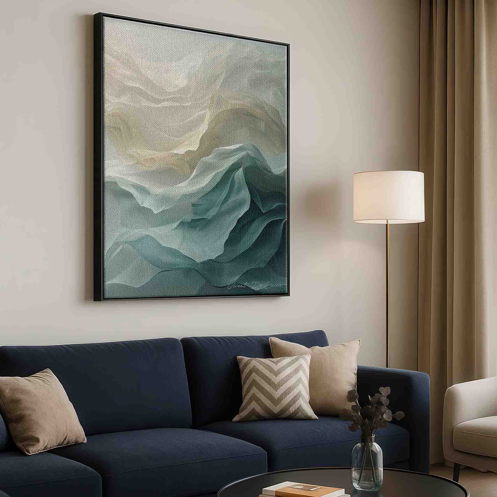 Soft cream and off-white to mint green and teal color palette in abstract wall art