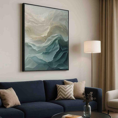 Soft cream and off-white to mint green and teal color palette in abstract wall art