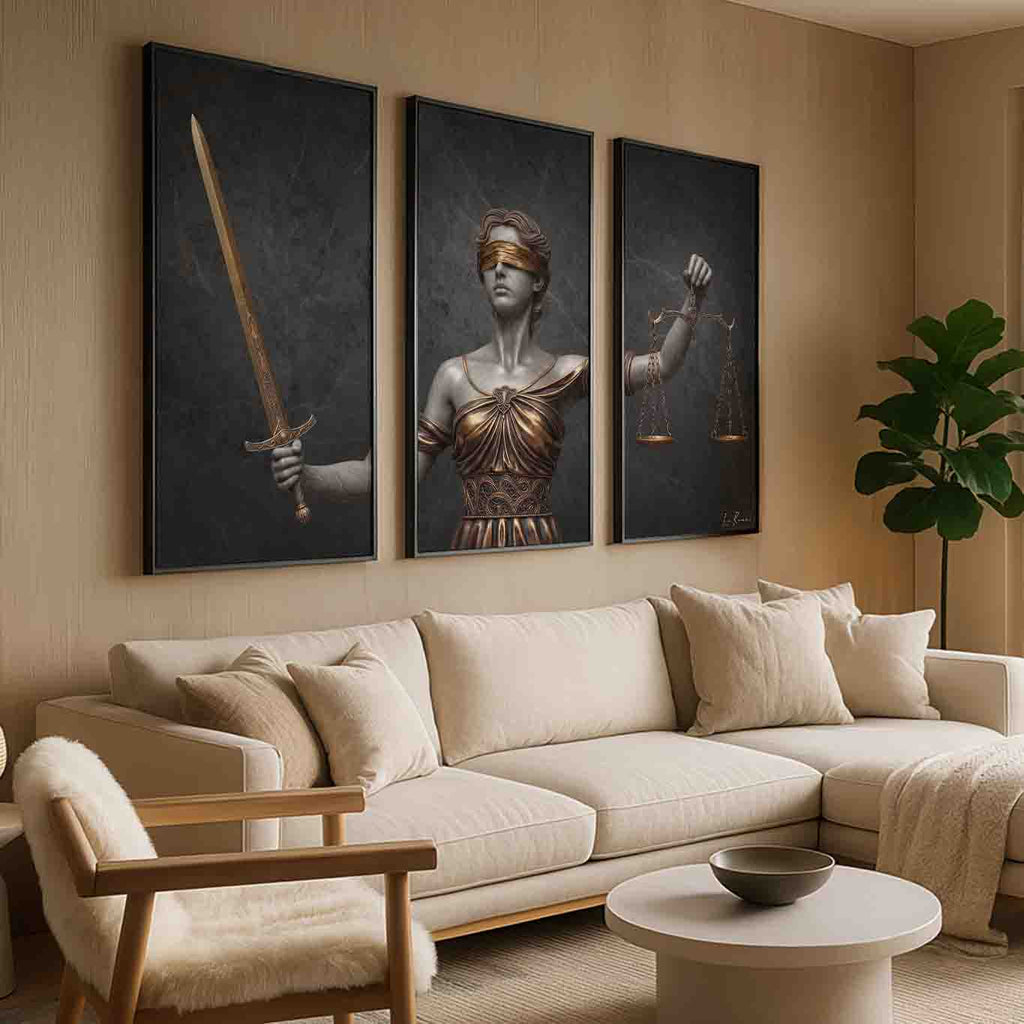 Overall triptych composition emphasizes modern-classical styling and dramatic lighting.