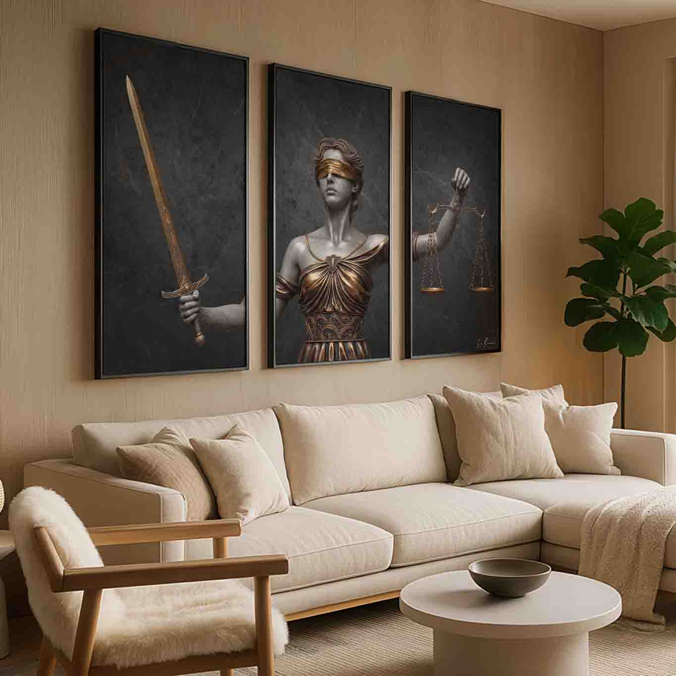 Overall triptych composition emphasizes modern-classical styling and dramatic lighting.