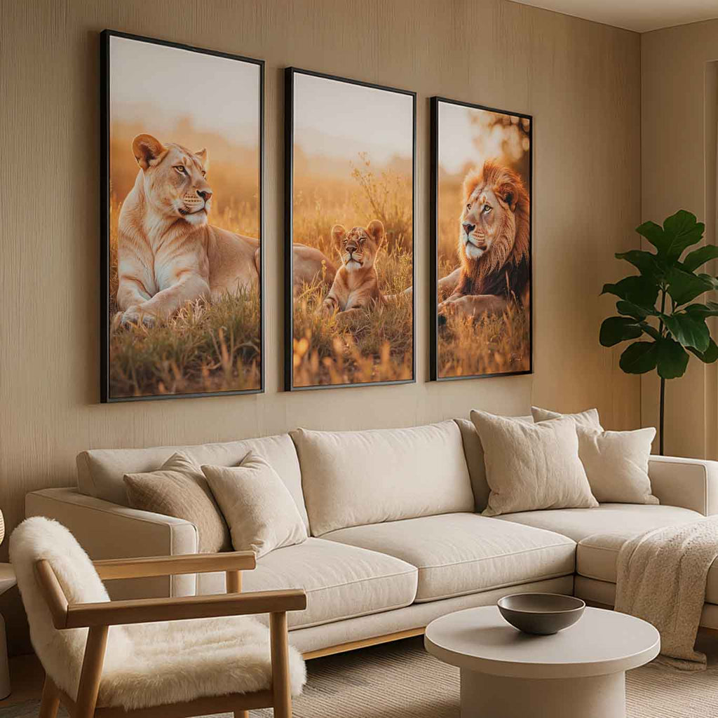 Playful cub resting with a lioness in warm grasses, panel 2.