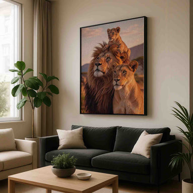 Close-up of the lioness looking alert with the cub playfully perched on the male lion's head
