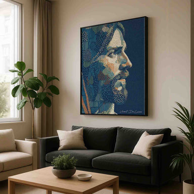 Mosaic-like pointillist portrait featuring orange and peach accents in a modern religious artwork.