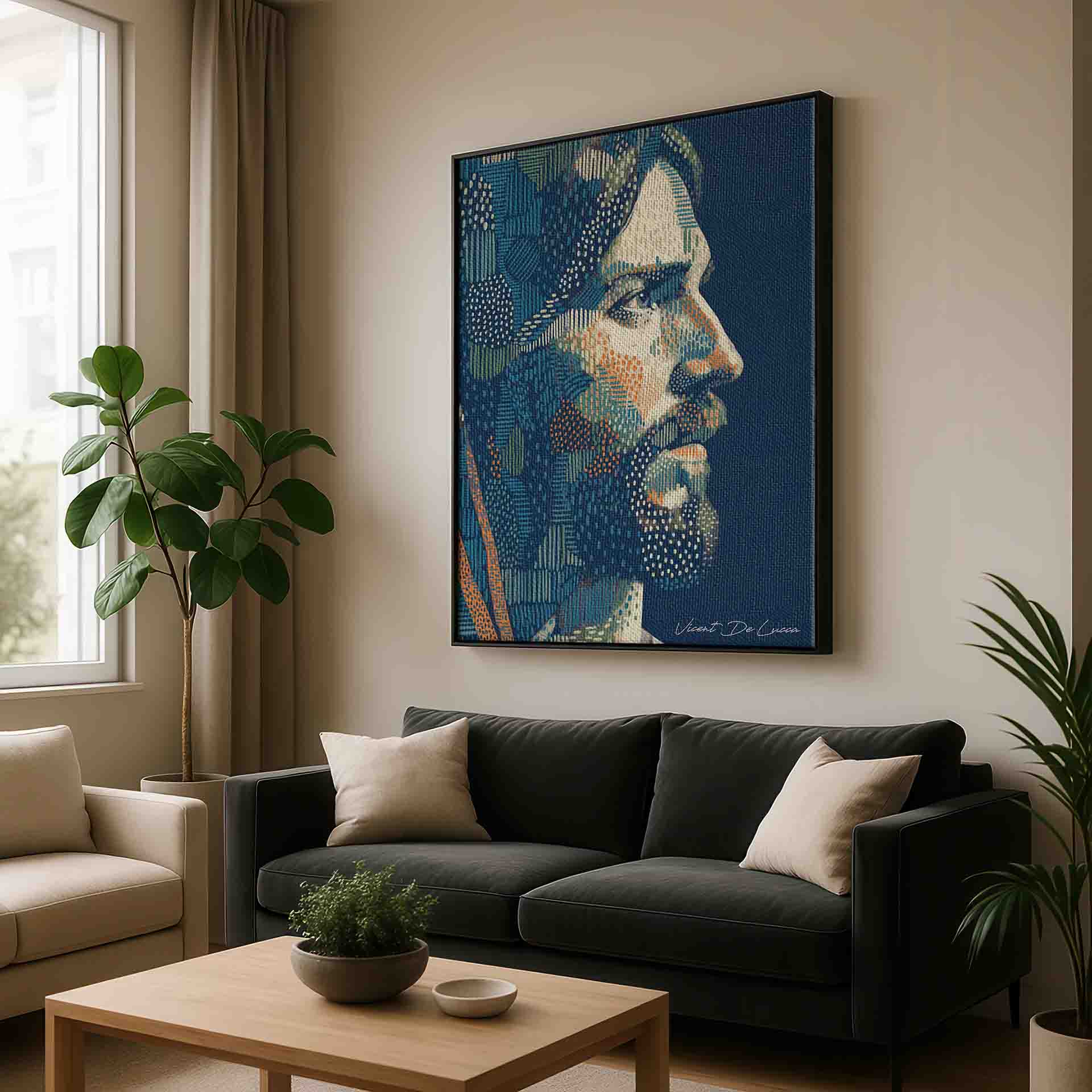 Mosaic-like pointillist portrait featuring orange and peach accents in a modern religious artwork.