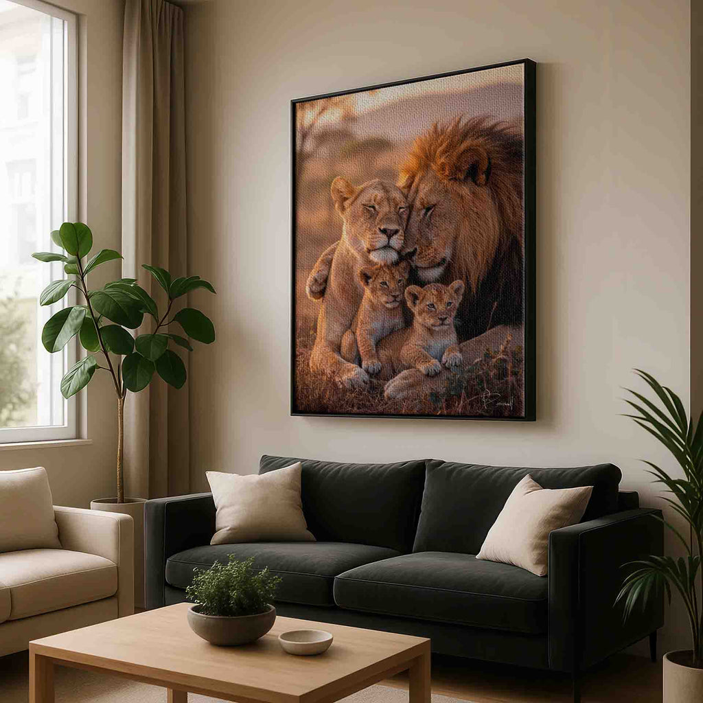 Lion family cuddling together with golden-brown savanna backdrop