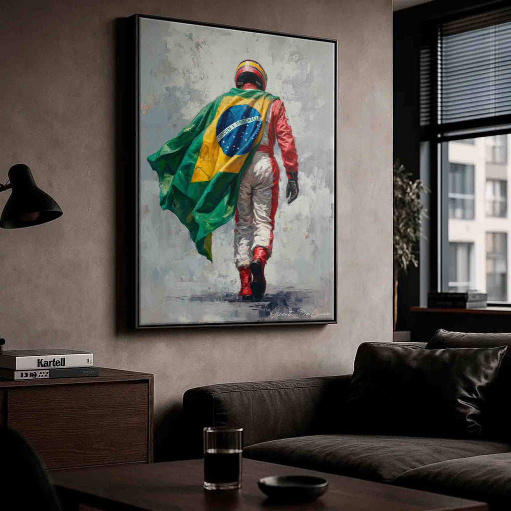 Impressionist wall art with bold green yellow and blue tones on a textured grey background
