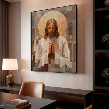 Warm earth-tone color blocks framing a sacred figure with a bright golden halo.
