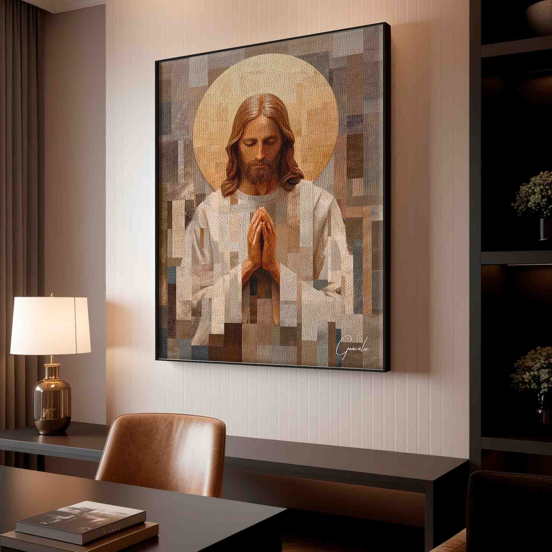 Warm earth-tone color blocks framing a sacred figure with a bright golden halo.