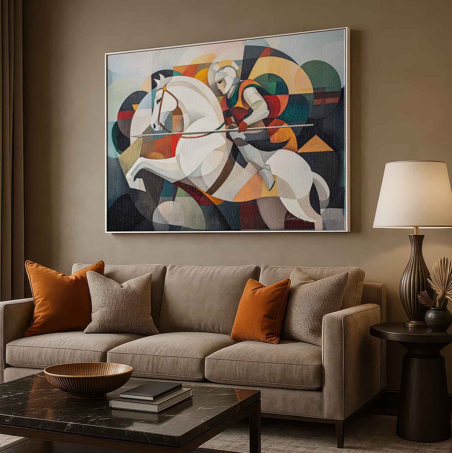 Abstract angular composition with a knight and horse, featuring reds, greens, blues, and oranges