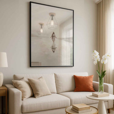 Distant mountains and soft light behind Jesus in a tranquil wall art scene
