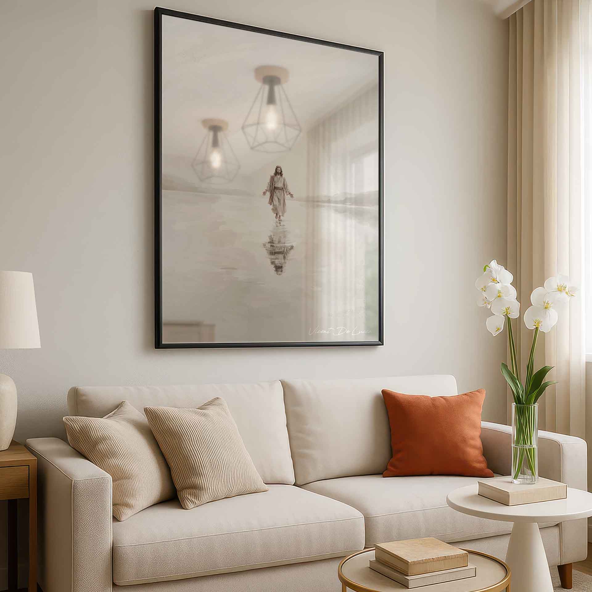 Distant mountains and soft light behind Jesus in a tranquil wall art scene