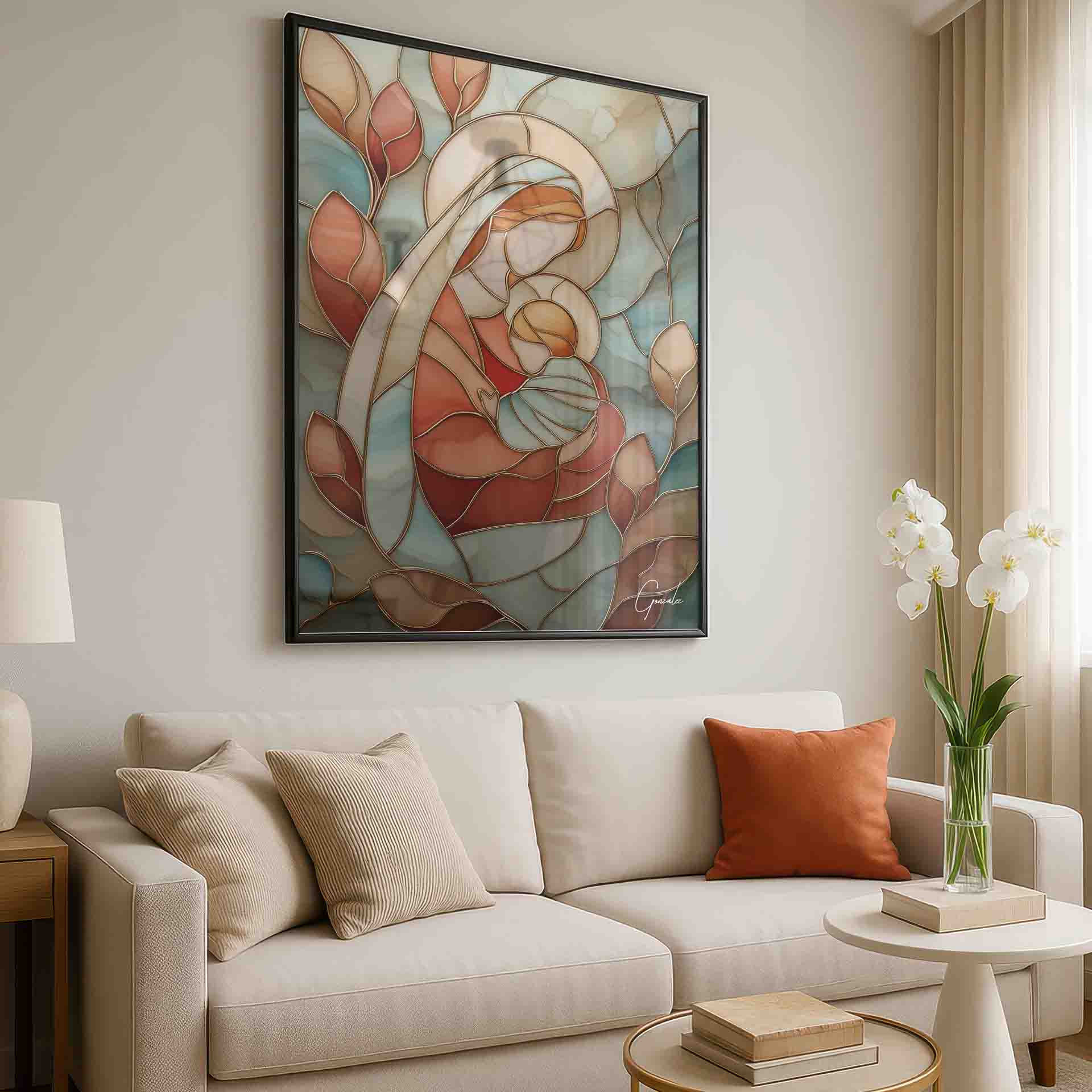Abstract leaf forms surround the holy figures in a modern iconography.