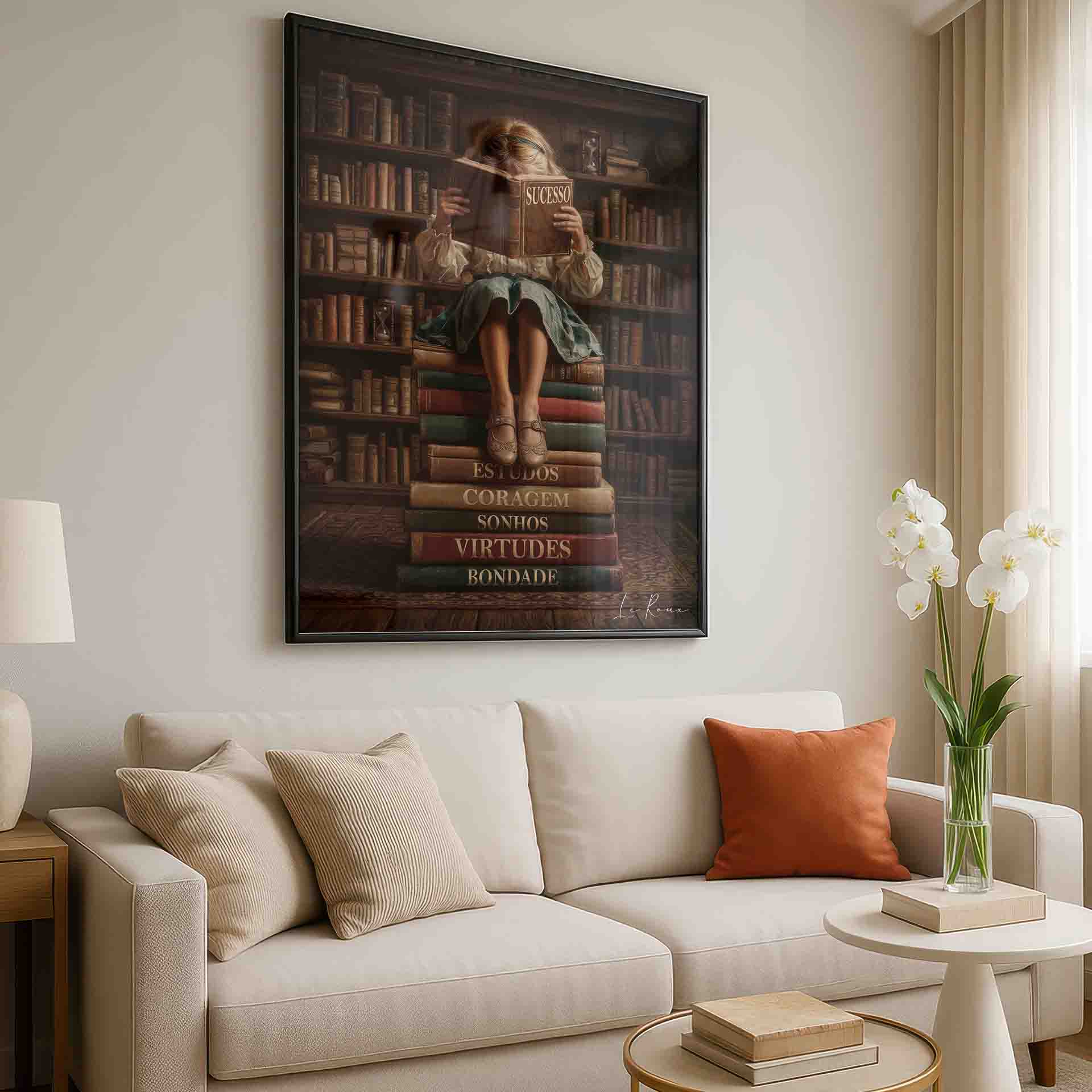 A calm, intellectual mood with a grand library and stacks of old volumes.