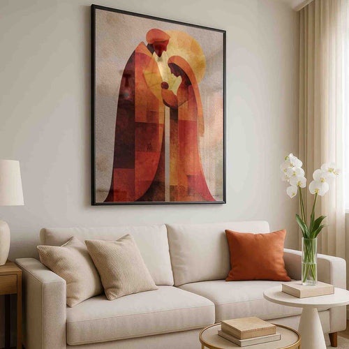 Geometric, color-block depiction of Mary, Joseph, and baby Jesus in minimalist religious wall art.