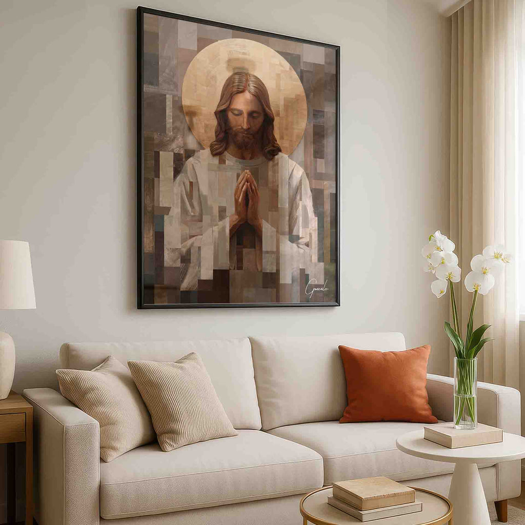 Frame-ready religious painting blending classical subject matter with modern design.