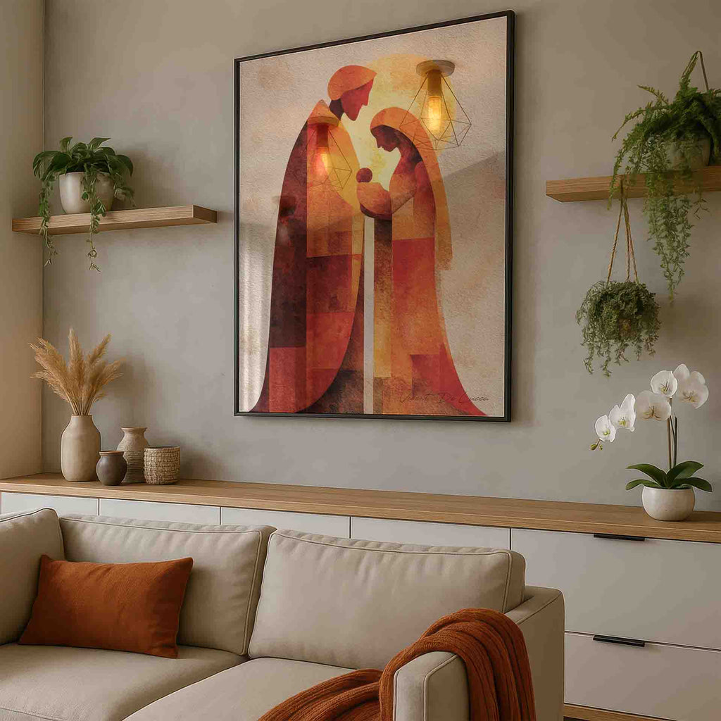 Close-up of halo and color blocks in the abstract Holy Family wall art.