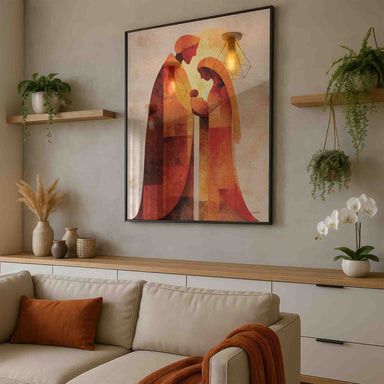 Close-up of halo and color blocks in the abstract Holy Family wall art.