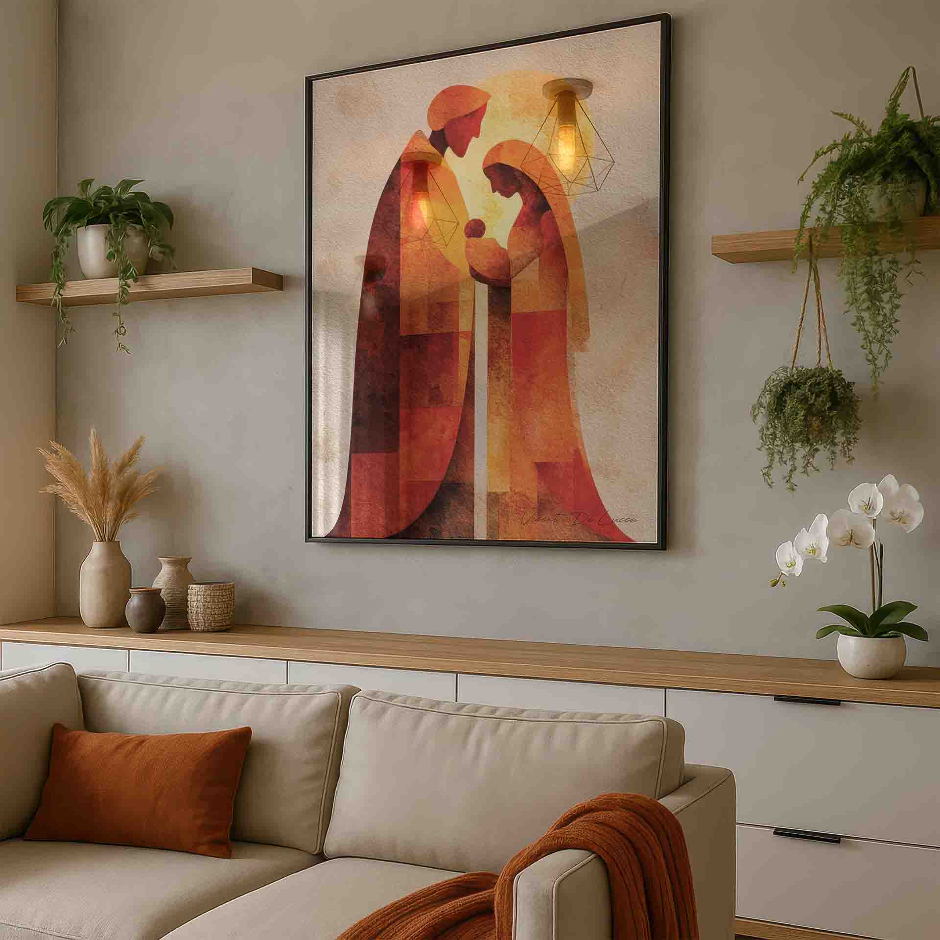 Close-up of halo and color blocks in the abstract Holy Family wall art.