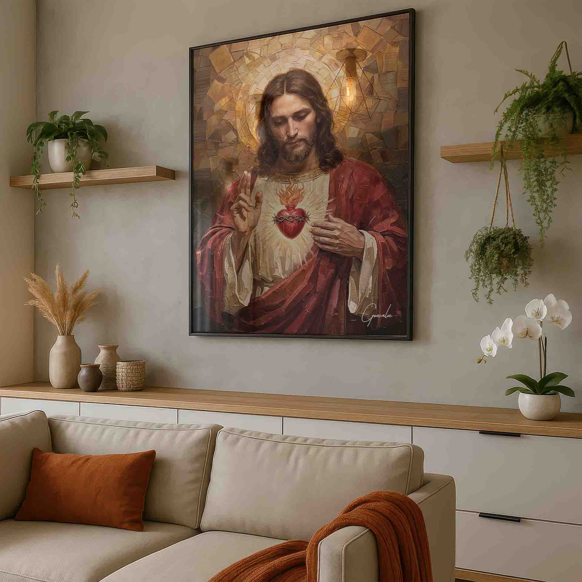 Religious wall art featuring classical iconography and modern painting style