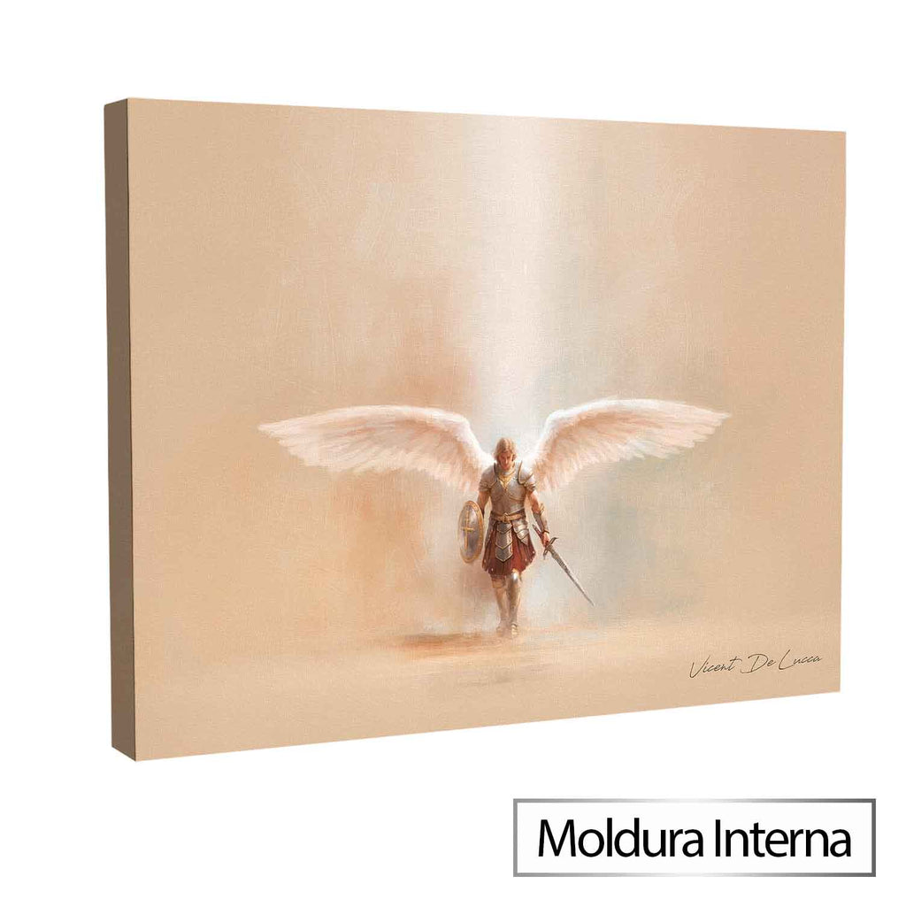 Wall art for spiritual and fantasy-inspired decor featuring Saint Michael and divine light in beige tones