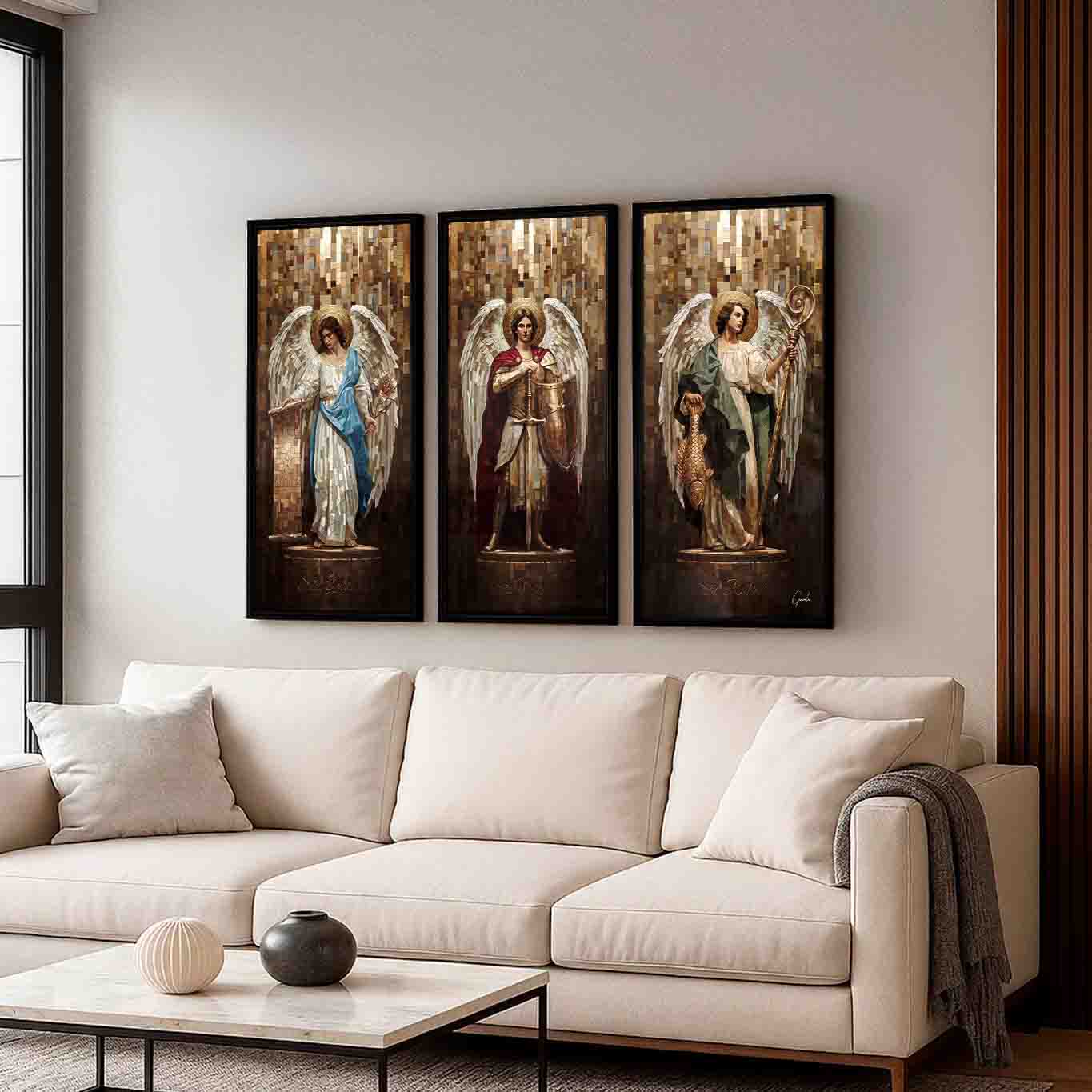 Textured mosaic pieces create a contemporary interpretation of classical religious iconography.