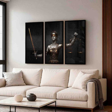 Right panel presents the scales balanced by the blindfolded figure in a moody, high-contrast setting.