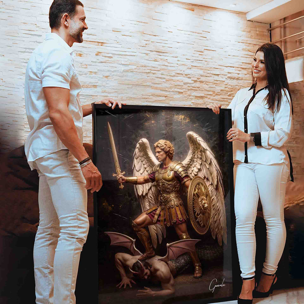 Dramatic sacred artwork of the archangel warrior with celestial wings and a demon, in fantasy detail.