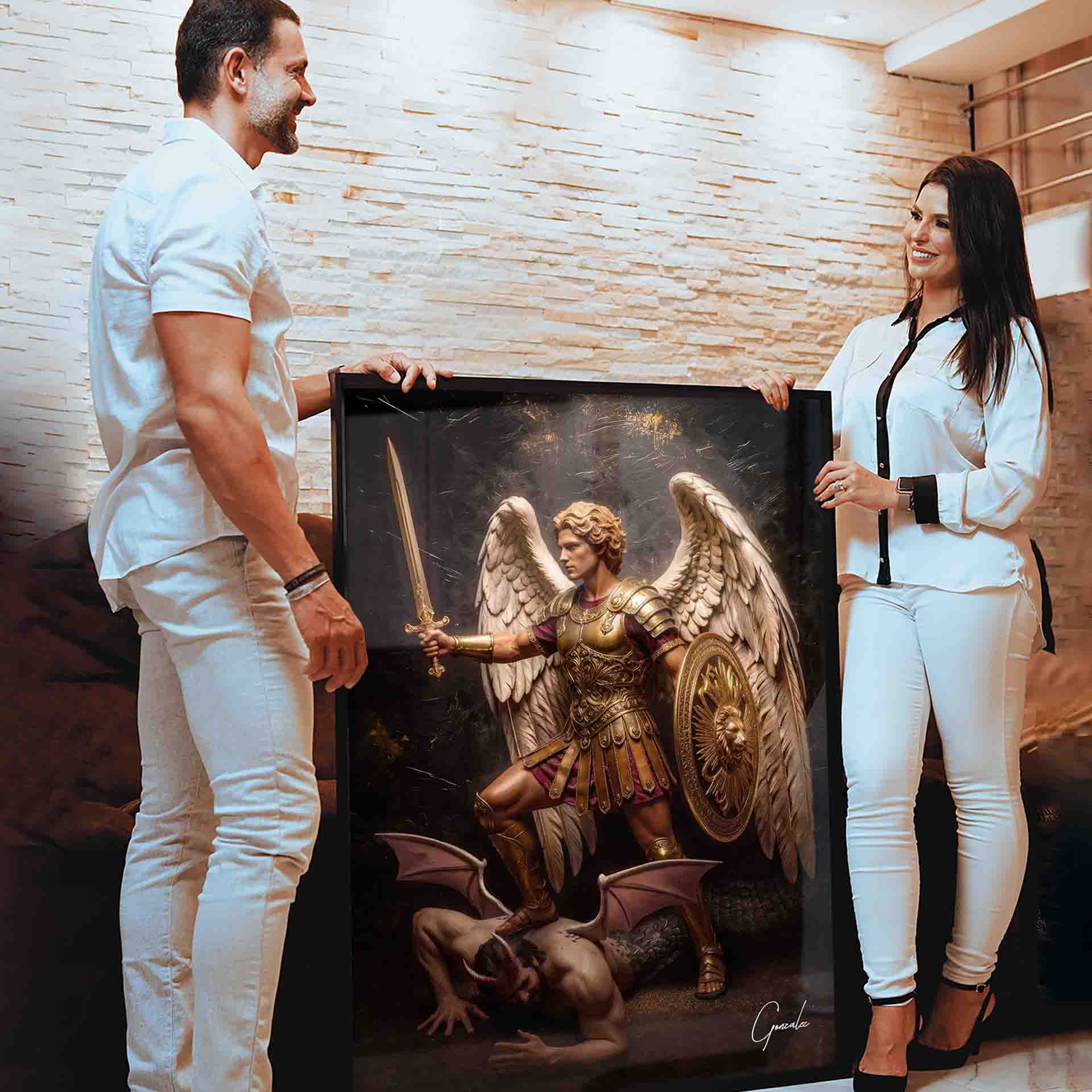 Dramatic sacred artwork of the archangel warrior with celestial wings and a demon, in fantasy detail.