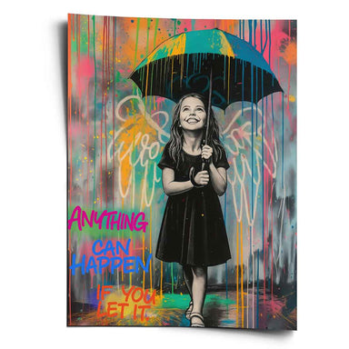 Grayscale young girl holding a bright umbrella against a neon graffiti backdrop in Banksy-inspired pop art style.