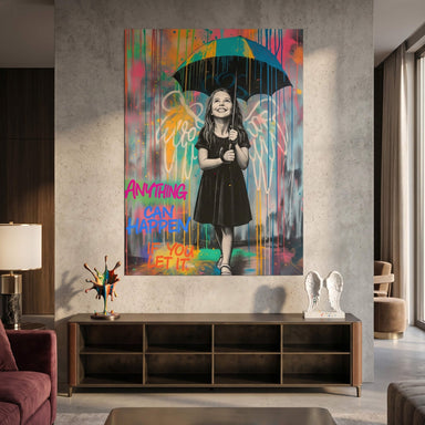 High-contrast poster featuring a smiling girl with a multicolored umbrella amid urban graffiti and paint drips.