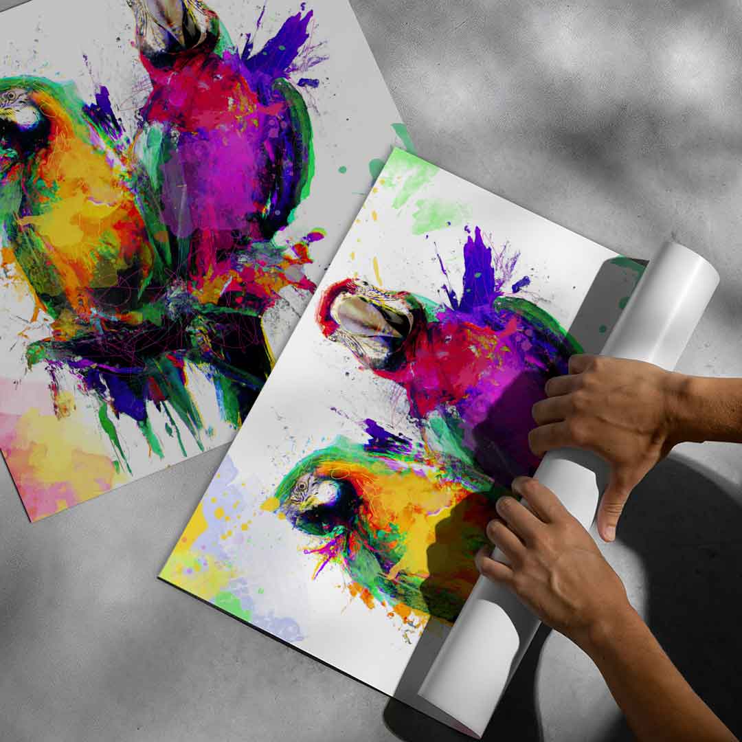 Contemporary art print showing parrots with bold color drips and splashes