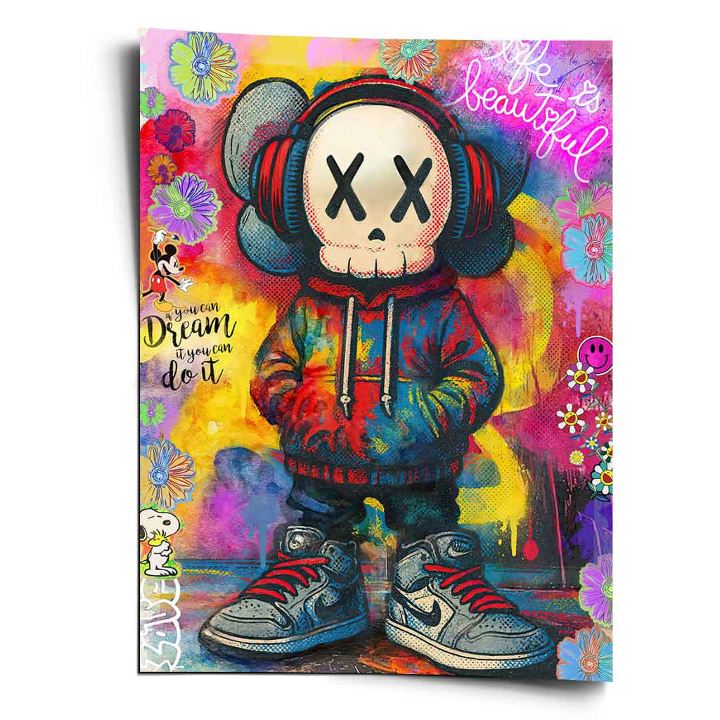 KAWS-inspired character with XX eyes wearing headphones and a tie-dye hoodie against a neon graffiti backdrop with cartoon icons