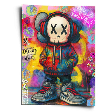 KAWS-inspired character with XX eyes wearing headphones and a tie-dye hoodie against a neon graffiti backdrop with cartoon icons