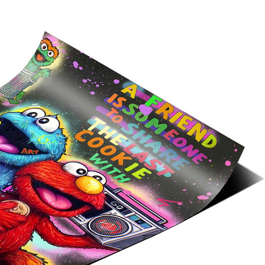 Oscar the Grouch peeking from a trash can in a colorful street art poster