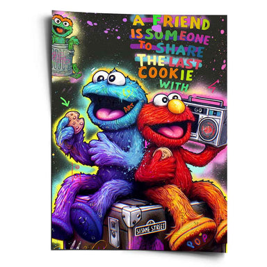 Vibrant pop art graffiti-style poster featuring Cookie Monster and Elmo with a neon background