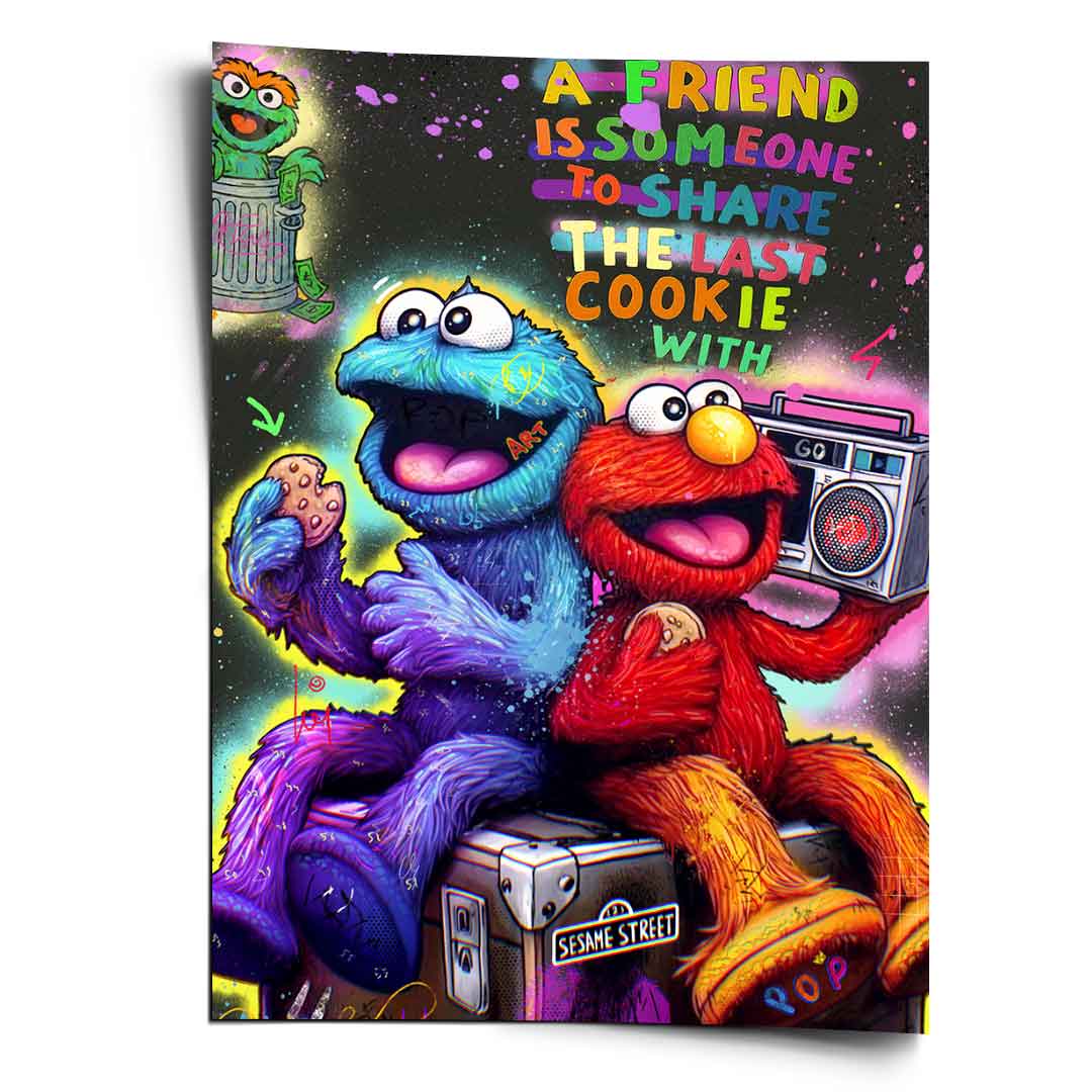 Vibrant pop art graffiti-style poster featuring Cookie Monster and Elmo with a neon background